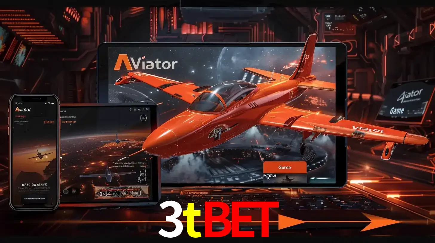 Apresentação tecnológica do jogo Aviator com um avião saindo da tela de um tablet, demonstrando a experiência imersiva em múltiplos dispositivos no 3tbet.