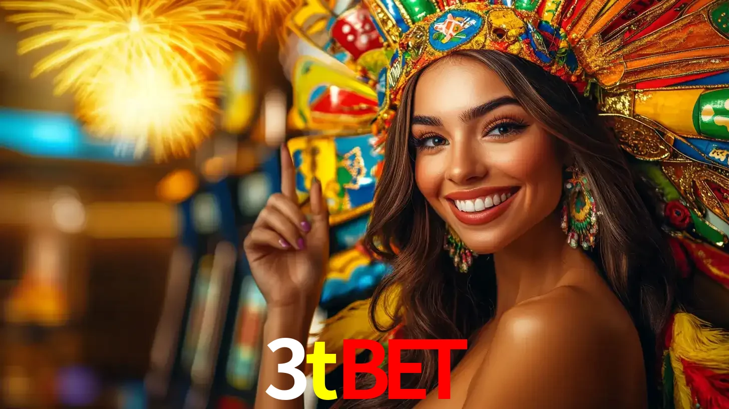 Mulher sorridente com um cocar de carnaval vibrante e colorido, celebrando uma grande vitória nos jogos do cassino 3tbet com fogos de artifício ao fundo.