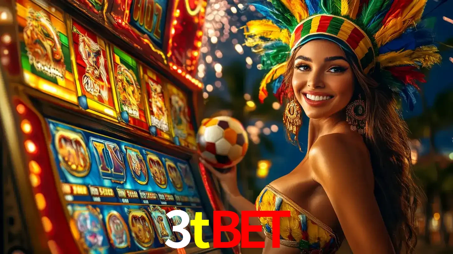 Mulher com um cocar de carnaval ao lado de uma máquina de caça-níqueis enquanto segura uma bola de futebol, mostrando a união da diversão de cassino e esportes no 3tbet.