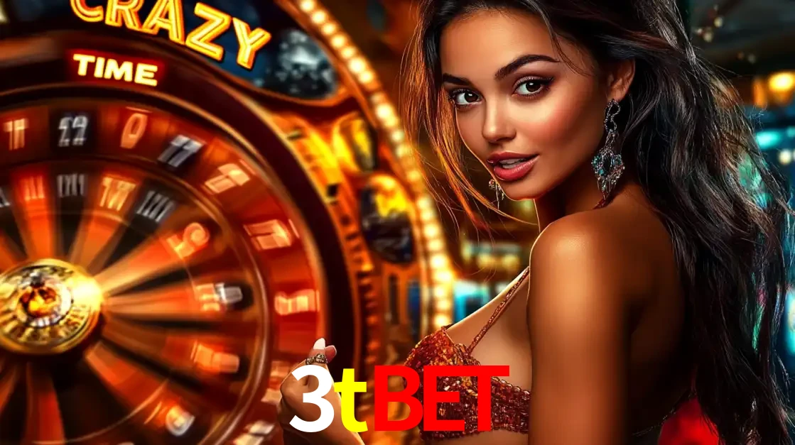 Mulher ao lado da roda de prêmios do jogo de cassino ao vivo Crazy Time, um dos shows de jogos mais emocionantes oferecidos pela plataforma de apostas 3tbet.