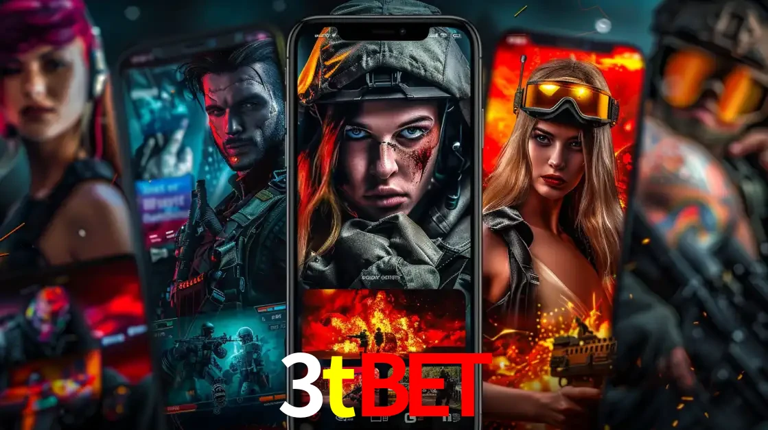 Montagem de telas de celular mostrando diversos personagens, masculinos e femininos, de um jogo de tiro, ilustrando a diversidade de equipes de e-sports para apostar no 3tbet.