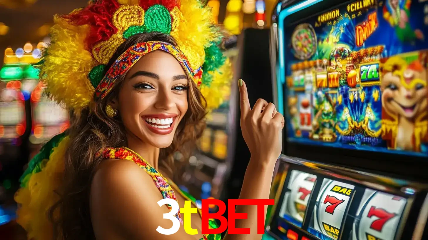 Mulher animada com um cocar de carnaval apontando para uma máquina de caça-níqueis, mostrando a emoção de ganhar um grande prêmio nos jogos do 3tbet.