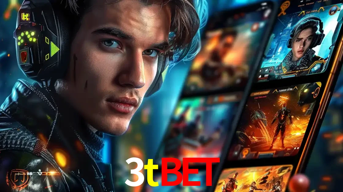 Jovem jogador com fones de ouvido olhando para a câmera, com um aplicativo de jogos e e-sports para celular ao fundo, pronto para a competição e apostas no 3tbet.