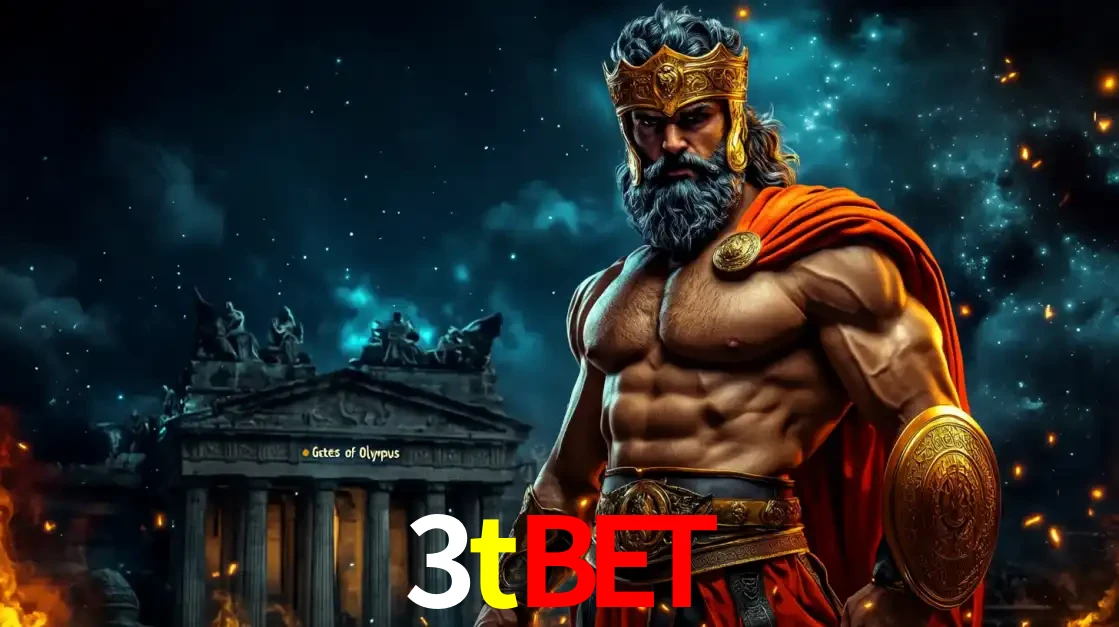 O poderoso Zeus do jogo de slot Gates of Olympus em frente ao seu templo, pronto para lançar multiplicadores divinos e prêmios épicos no cassino online 3tbet.