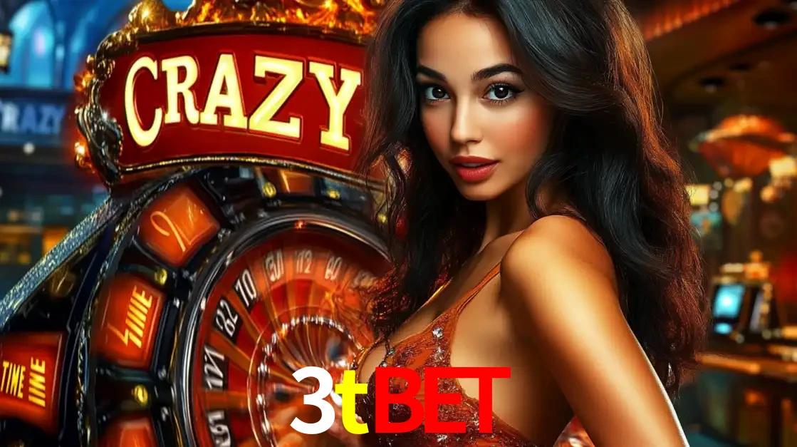 Mulher glamourosa olhando para a câmera com a roda vermelha do Crazy Time ao fundo em um ambiente de cassino, destacando a emoção dos jogos ao vivo no 3tbet.