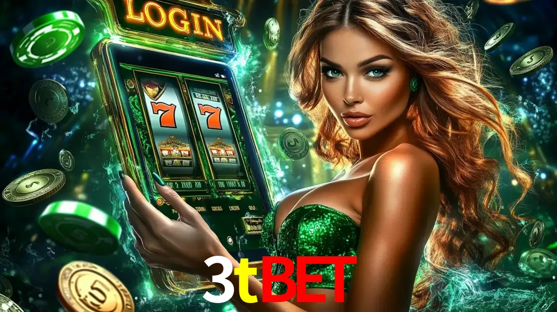 Mulher com tema verde apresentando o aplicativo do cassino 3tbet com um jogo de slot de 777, cercada por fichas de cassino e uma aura de sorte.