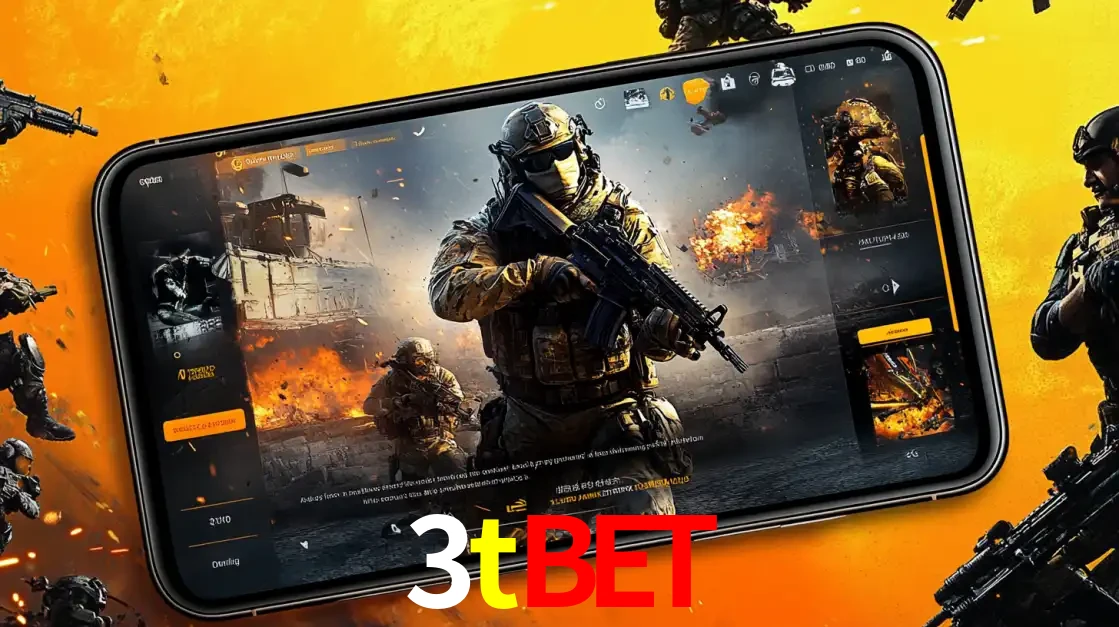 Um smartphone exibindo a interface de um jogo de tiro em primeira pessoa, com um soldado em um cenário de batalha, representando a ação dos e-sports para apostar no 3tbet.