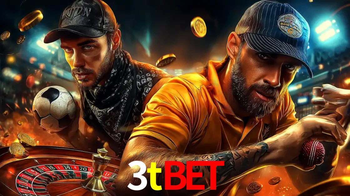 Montagem de apostas esportivas e cassino no 3tbet, com um homem segurando uma bola de futebol e outro uma de beisebol sobre uma roleta e moedas voadoras.