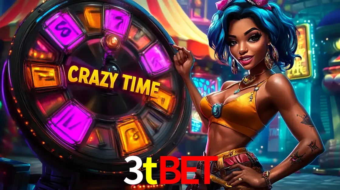 Mulher estilizada com cabelo azul e visual vibrante posando ao lado da roda de prêmios do game show Crazy Time, convidando para a diversão e os bônus do cassino 3tbet.
