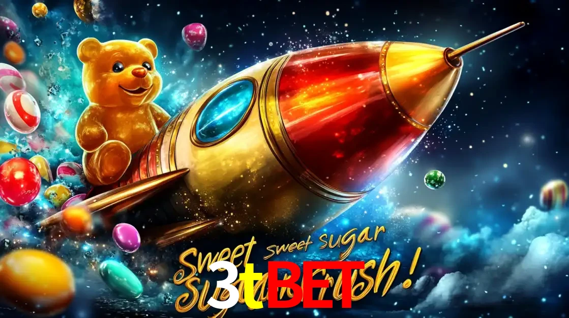Arte promocional do jogo de slot Sugar Rush, com um urso de pelúcia em um foguete viajando pelo espaço de doces, um dos jogos divertidos disponíveis no cassino 3tbet.