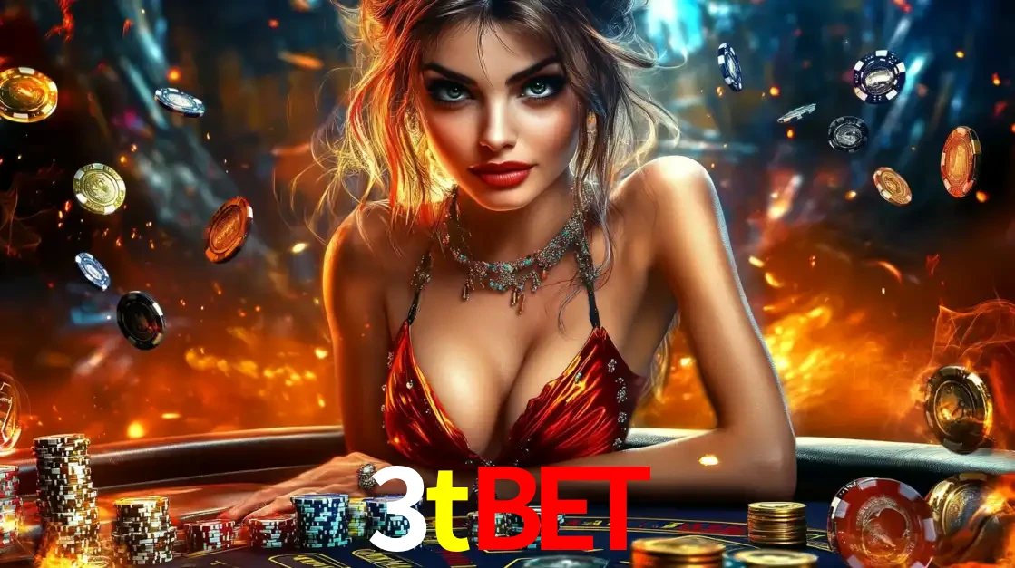 Mulher em uma mesa de cassino com pilhas de fichas e um fundo de fogo, pronta para uma rodada de altas apostas nos jogos de mesa emocionantes do cassino 3tbet.