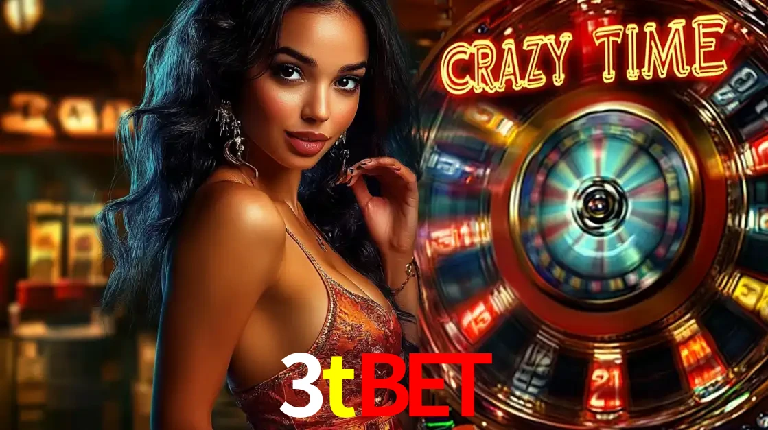 Mulher elegante ao lado da vibrante roda da fortuna do jogo de cassino ao vivo Crazy Time, um dos game shows mais populares e cheios de prêmios do 3tbet.