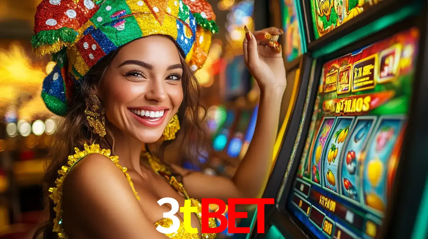 Mulher feliz com traje de carnaval amarelo e colorido ao lado de uma máquina de caça-níqueis, aproveitando a diversão e os jogos temáticos do cassino 3tbet.