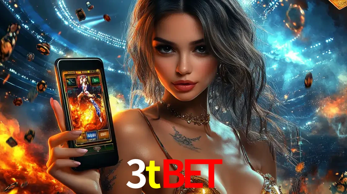 Mulher segurando um celular com um jogo de slot em destaque, tendo como fundo um estádio vibrante, simbolizando a emoção de jogar no cassino móvel 3tbet.