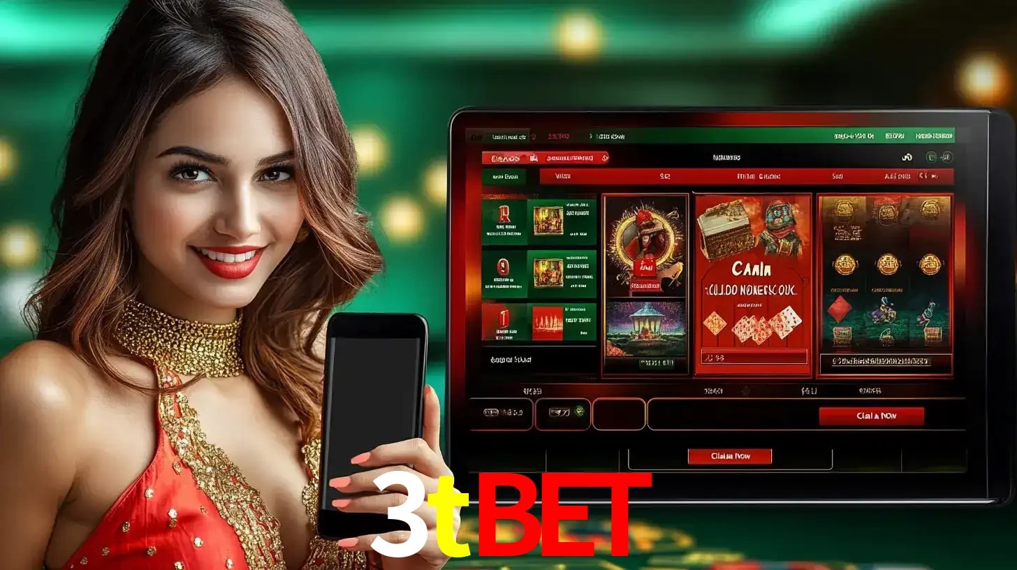 Mulher sorridente segurando um smartphone, ao lado de uma tela exibindo o lobby de jogos do cassino online 3tbet, com várias opções de jogos de cartas e slots.